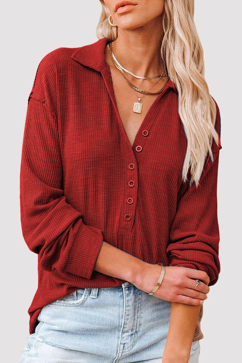 Casual Solid Buckle Turndown Collar Tops