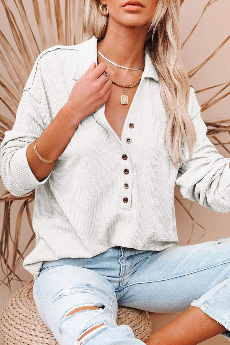 Casual Solid Buckle Turndown Collar Tops