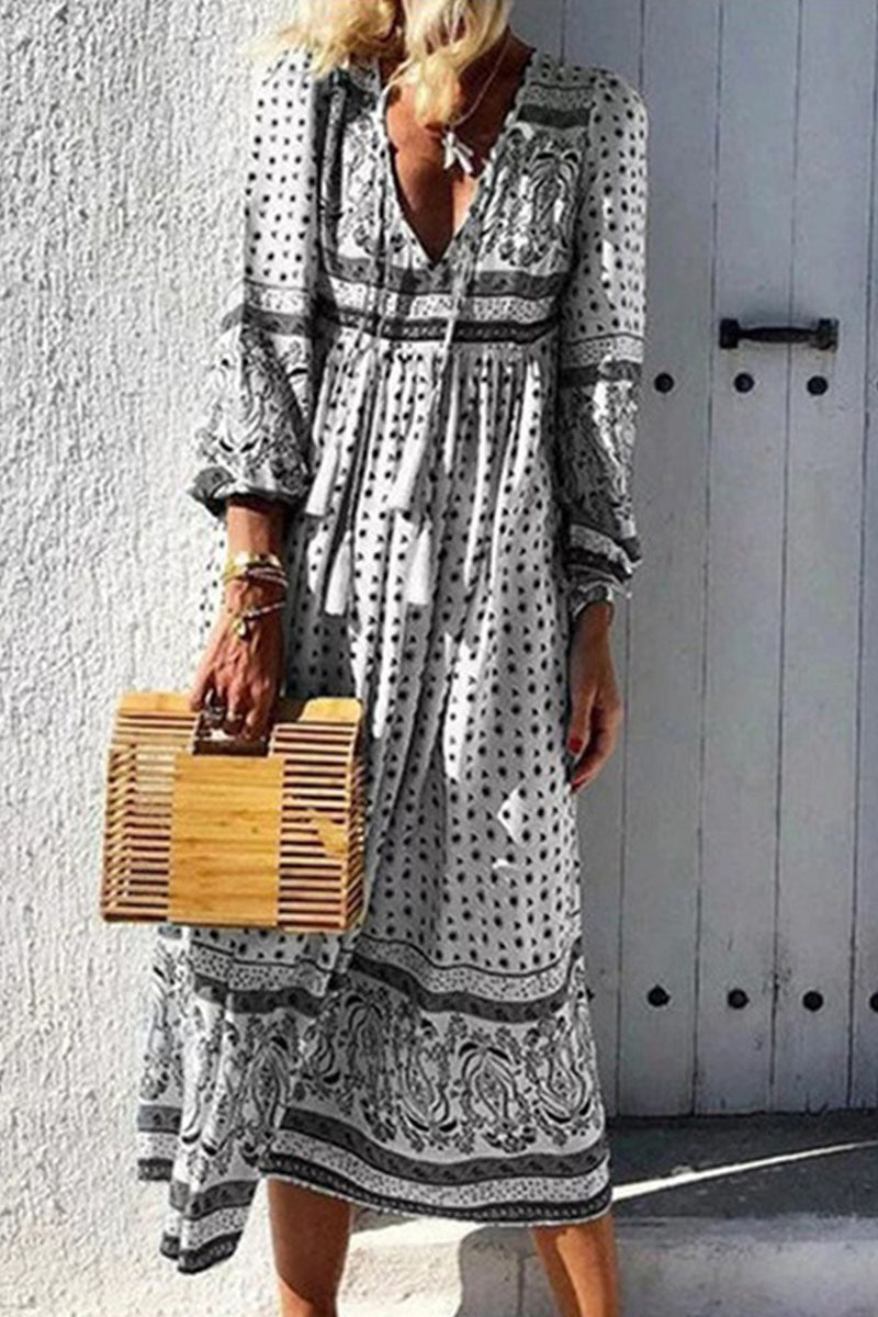 Fashion Casual Print Patchwork V Neck A Line Dresses