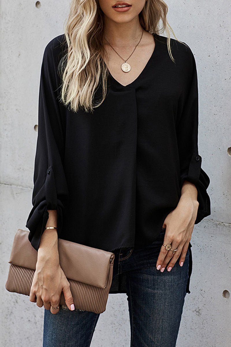 Fashion Casual Solid Patchwork V Neck Tops