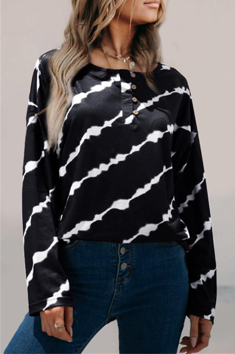 Casual Striped Buckle O Neck Tops