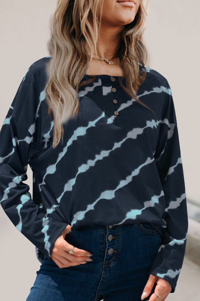 Casual Striped Buckle O Neck Tops