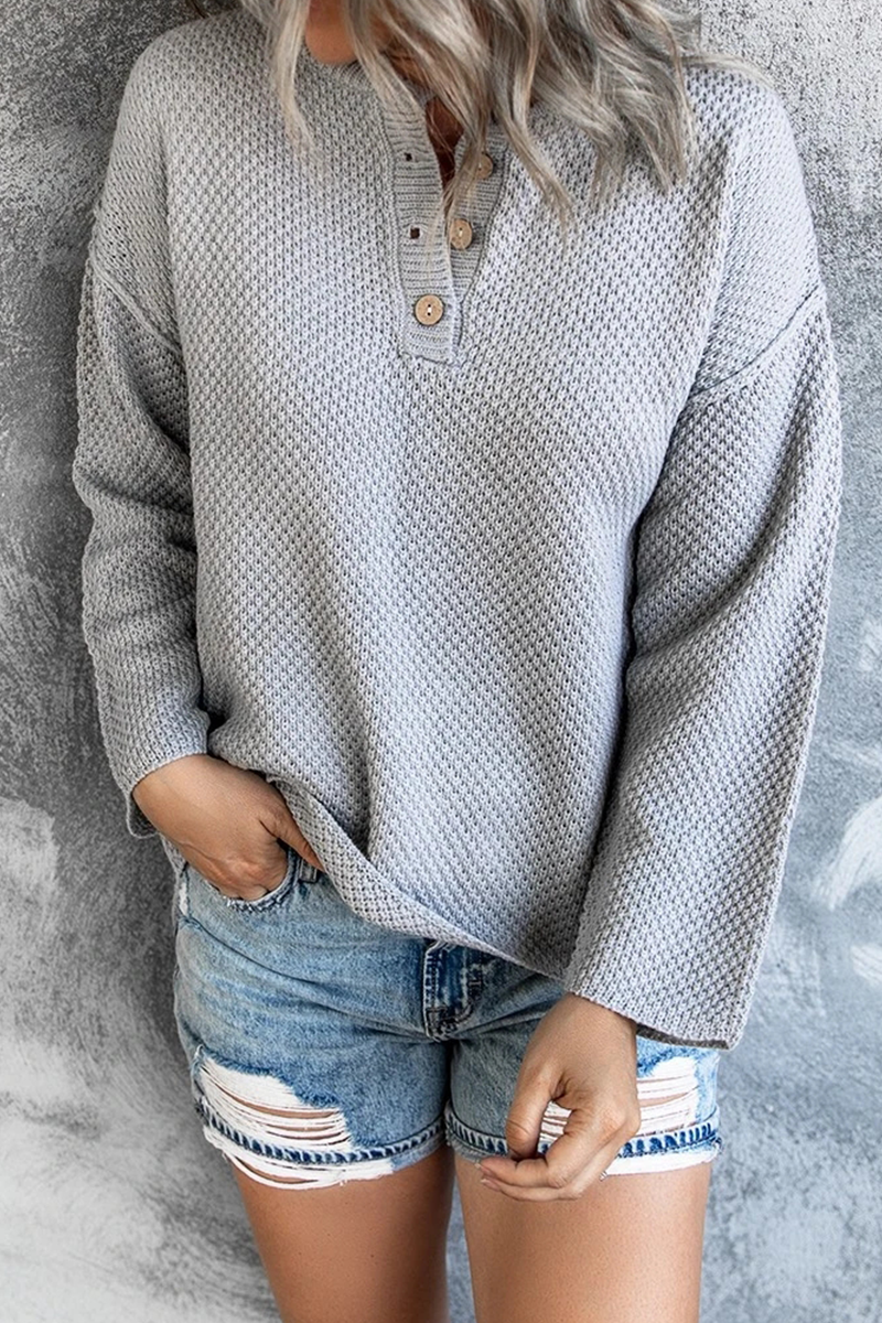 Casual Solid Buckle V Neck Tops Sweater