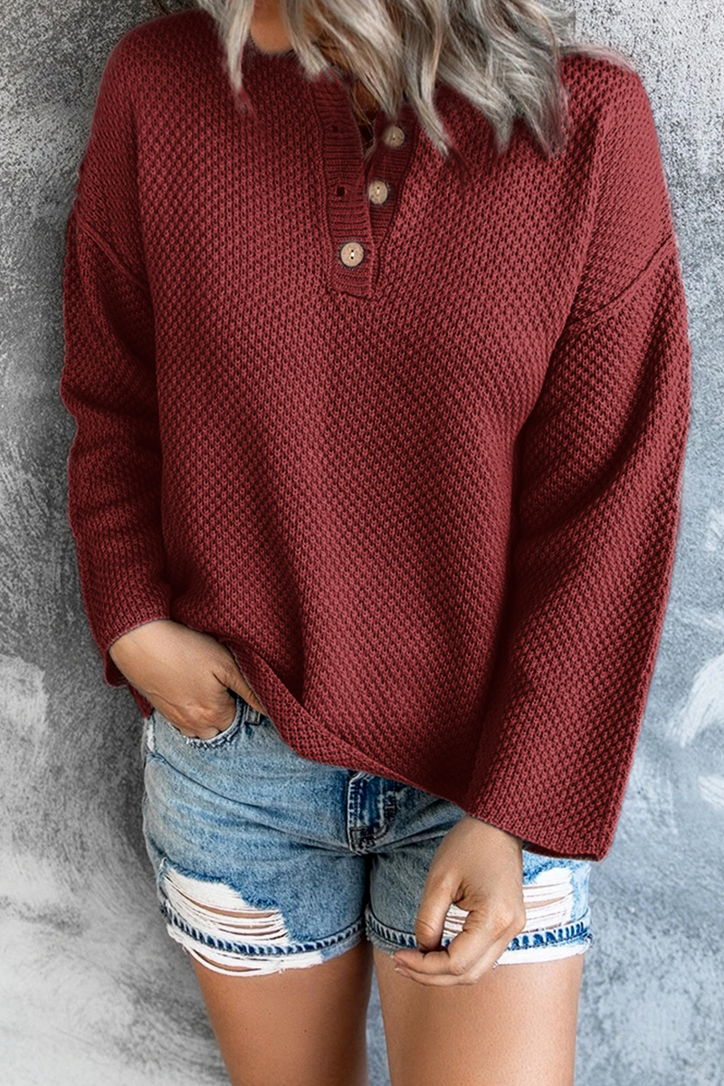 Casual Solid Buckle V Neck Tops Sweater