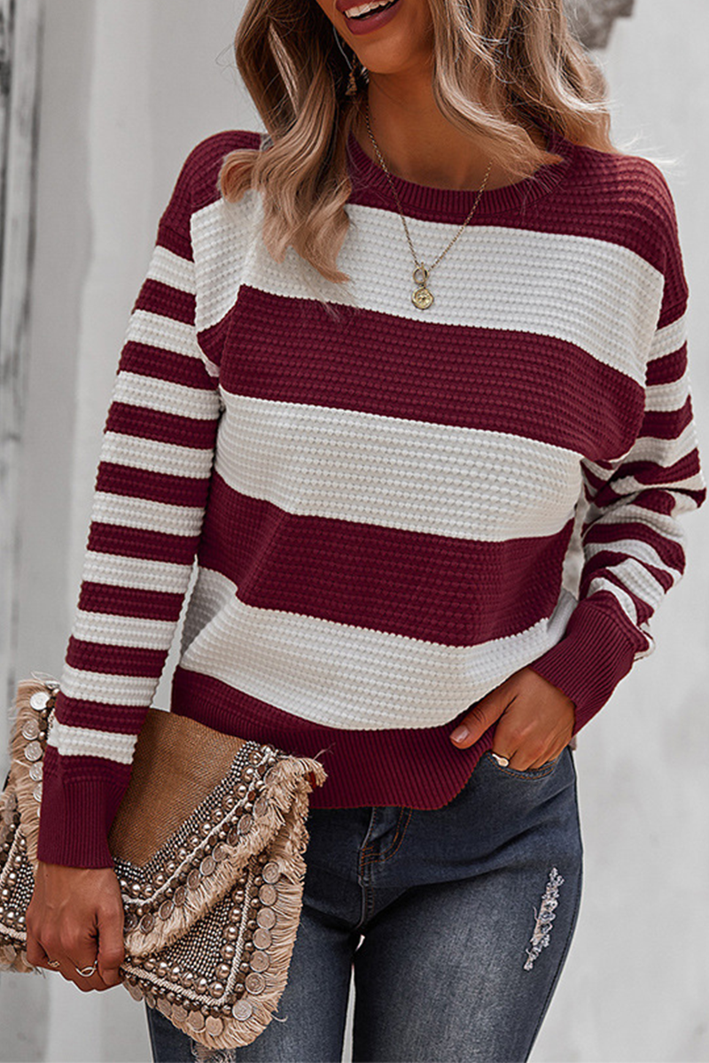 Casual Striped Contrast O Neck Sweaters(4 Colors)