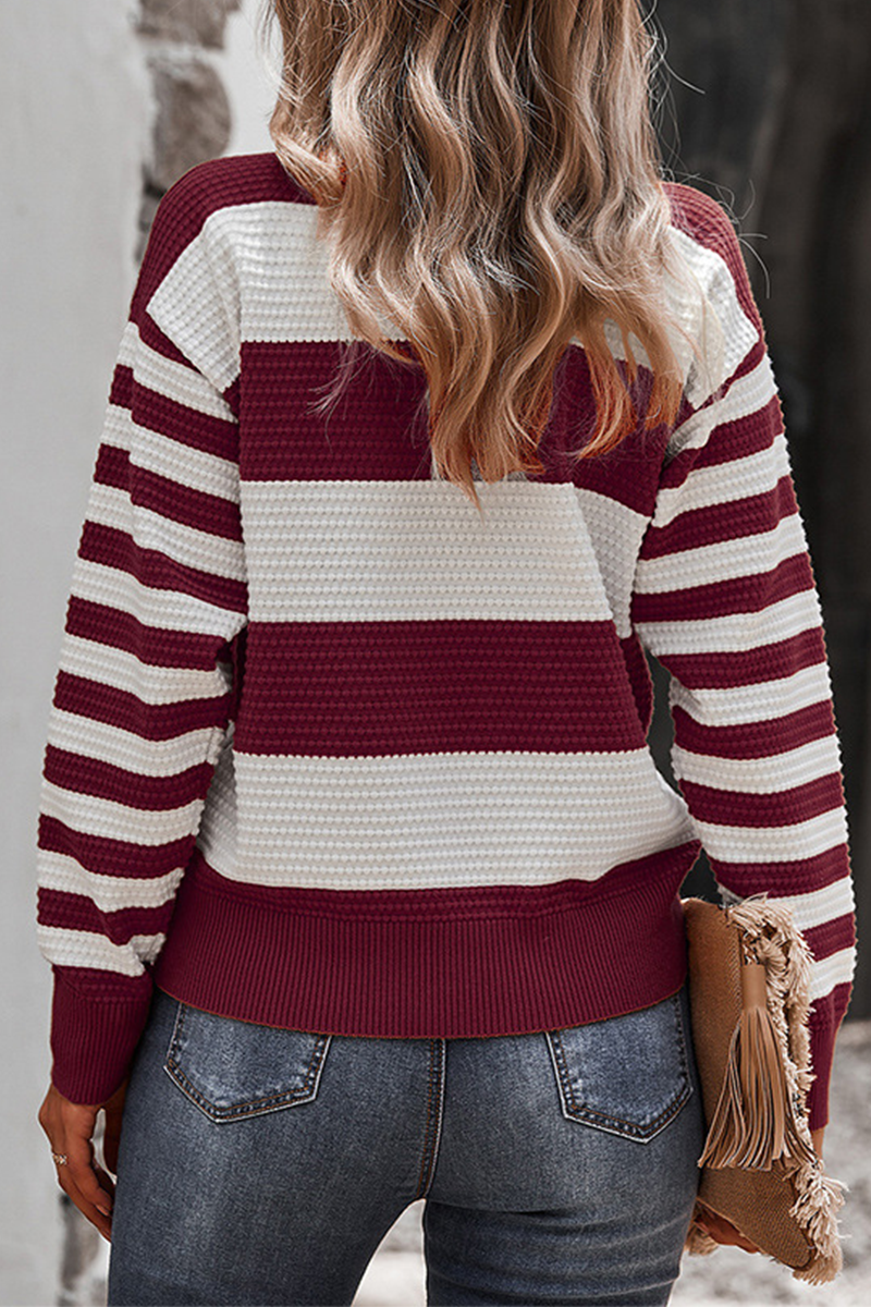 Casual Striped Contrast O Neck Sweaters(4 Colors)