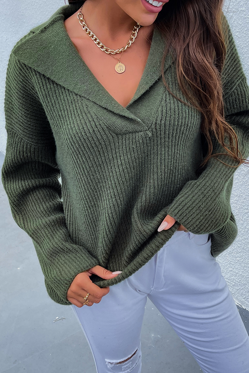 Casual Solid Patchwork Turndown Collar Tops Sweater（4 colors）