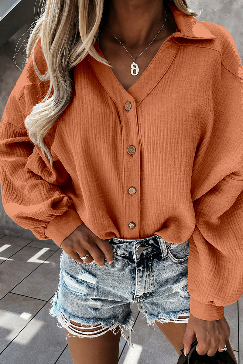 Casual Solid Buckle Turndown Collar Tops