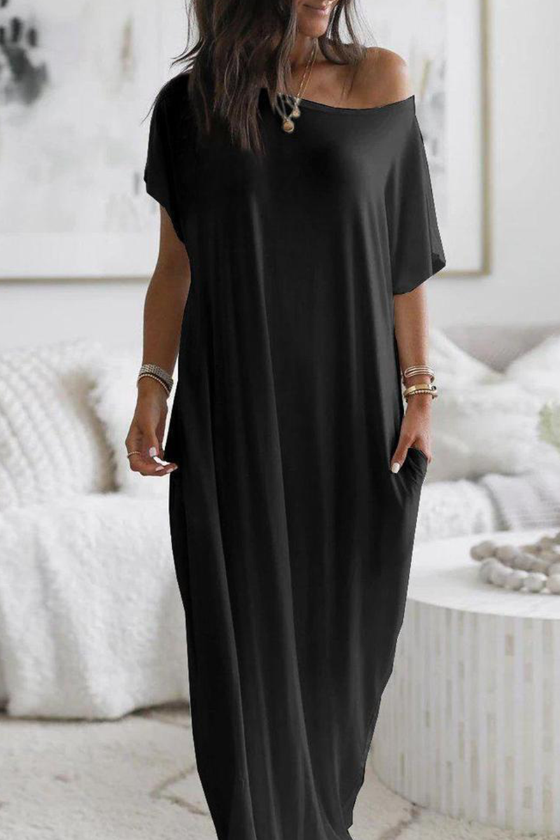 Casual Solid Pocket Slit O Neck Dresses(3 colors)