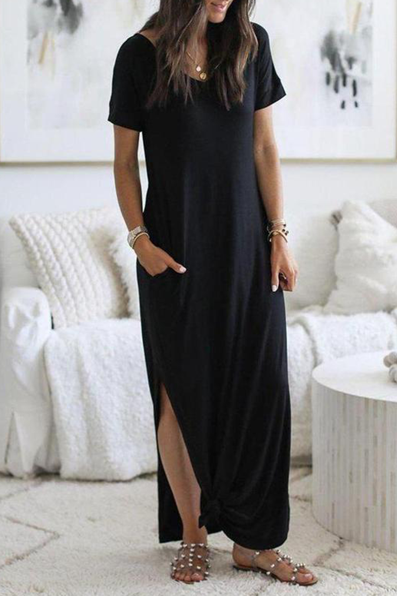 Casual Solid Pocket Slit O Neck Dresses(3 colors)