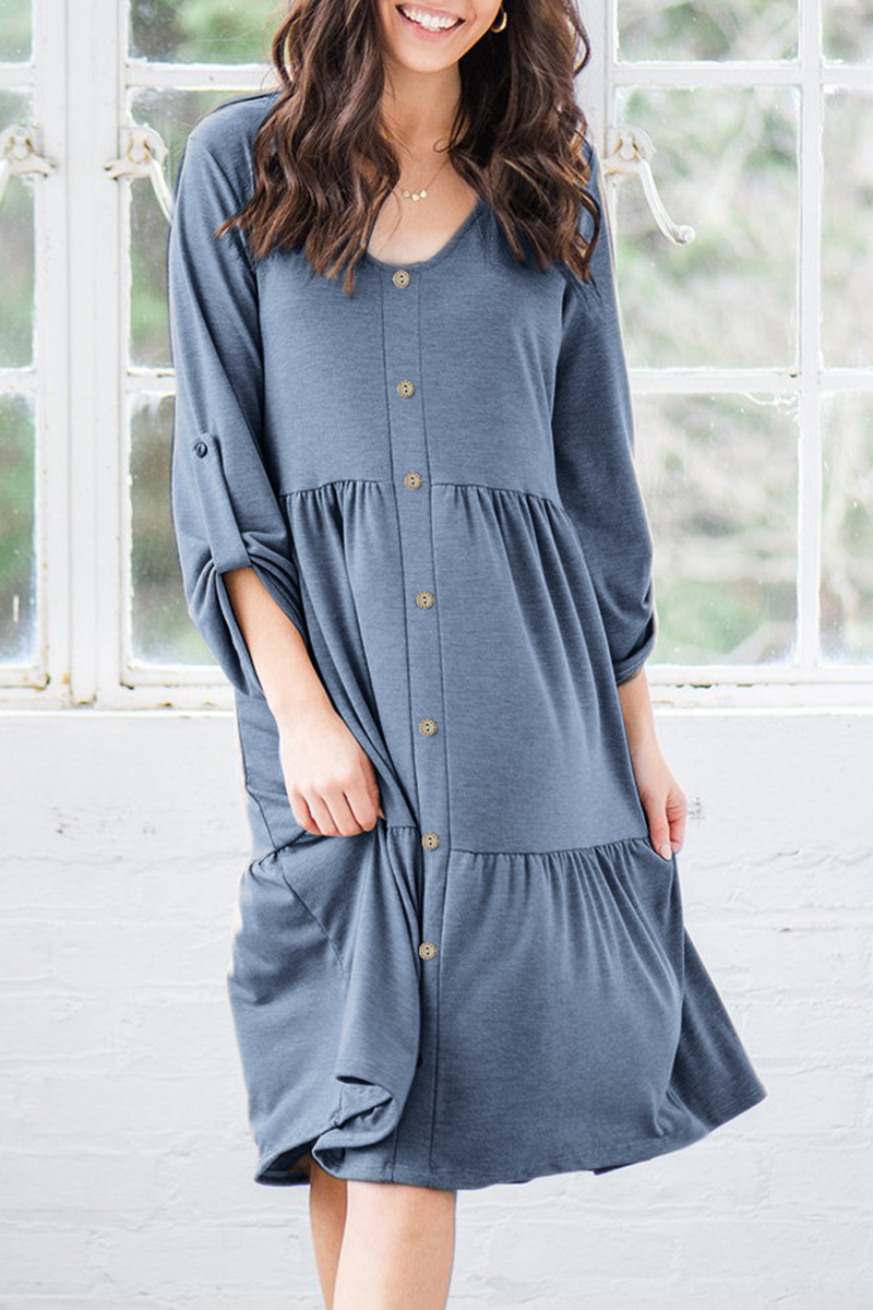 Casual Solid Split Joint Buckle V Neck A Line Dresses