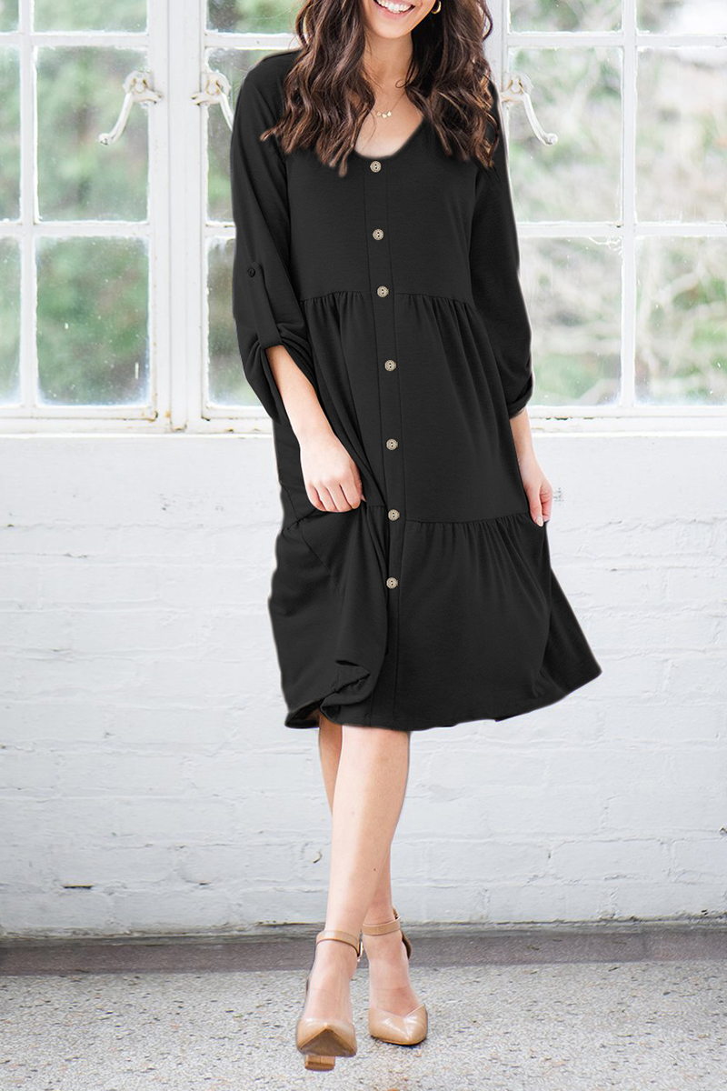 Casual Solid Split Joint Buckle V Neck A Line Dresses