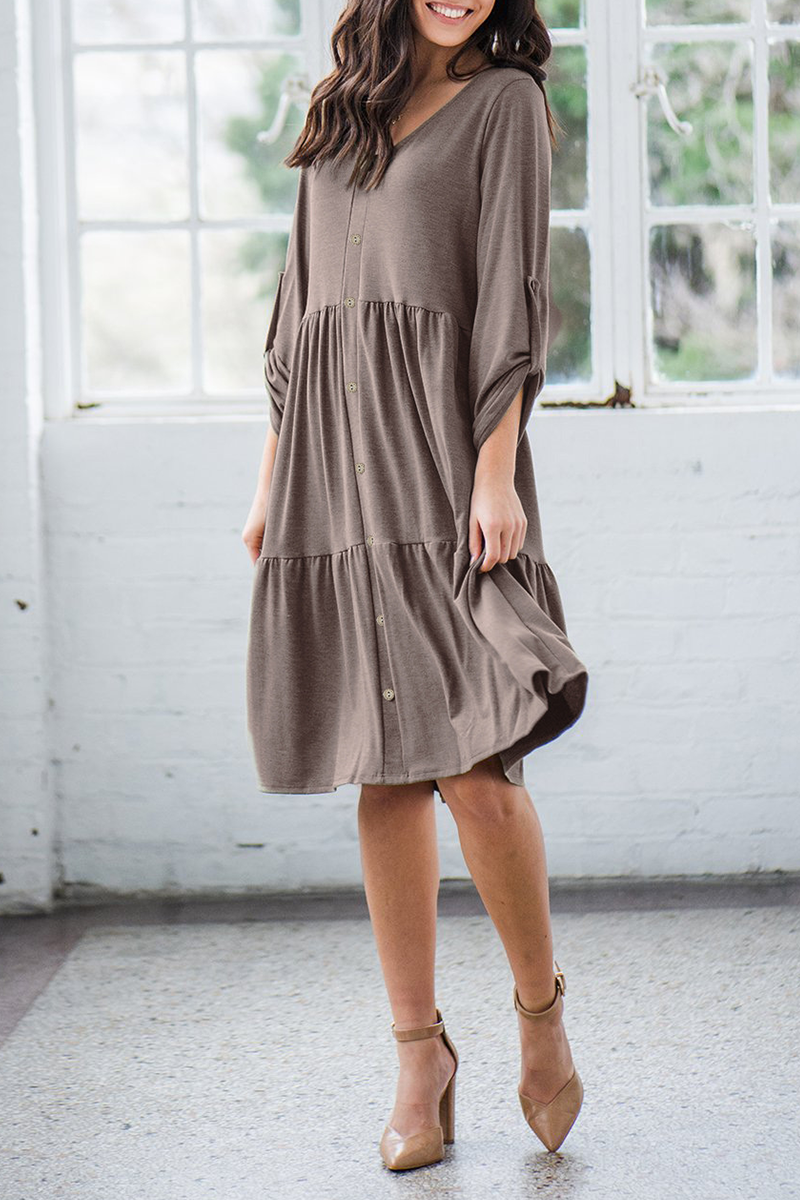 Casual Solid Split Joint Buckle V Neck A Line Dresses