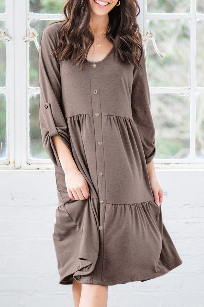 Casual Solid Split Joint Buckle V Neck A Line Dresses