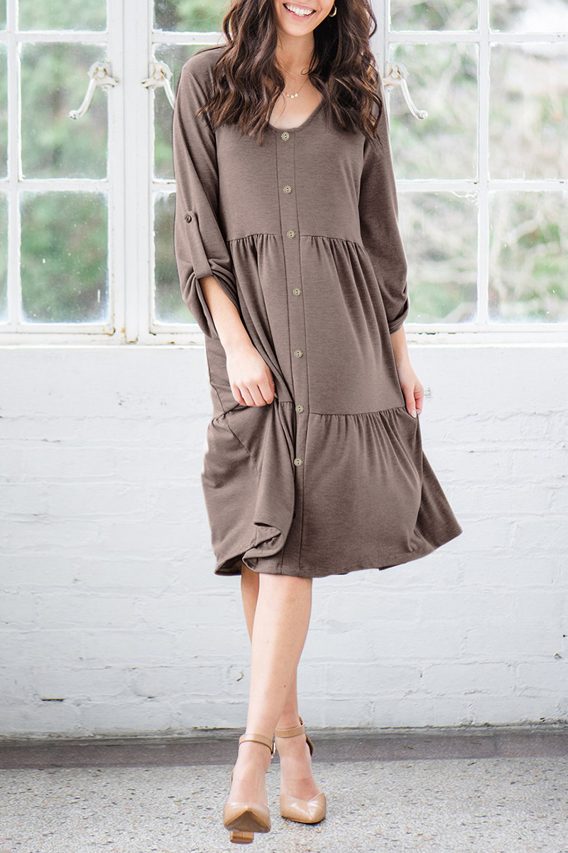 Casual Solid Split Joint Buckle V Neck A Line Dresses