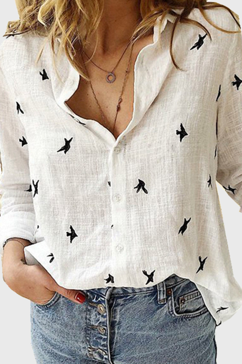 Casual Print Buckle Turndown Collar Tops(4 Colors)