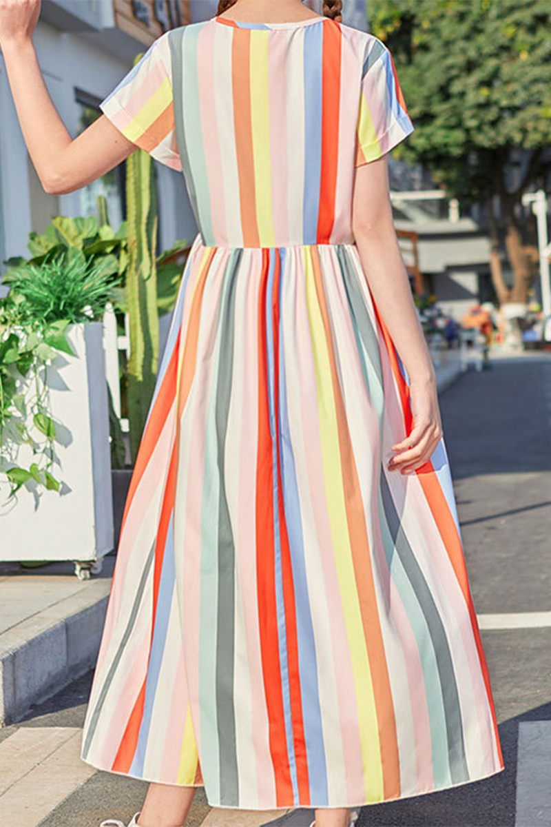 Sweet Striped Split Joint V Neck A Line Dresses