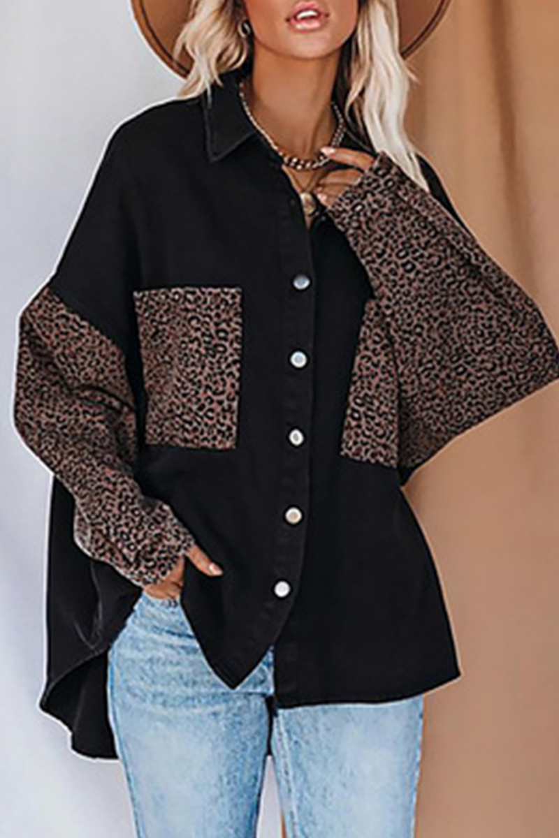 Casual Leopard Split Joint Buckle Turndown Collar Tops