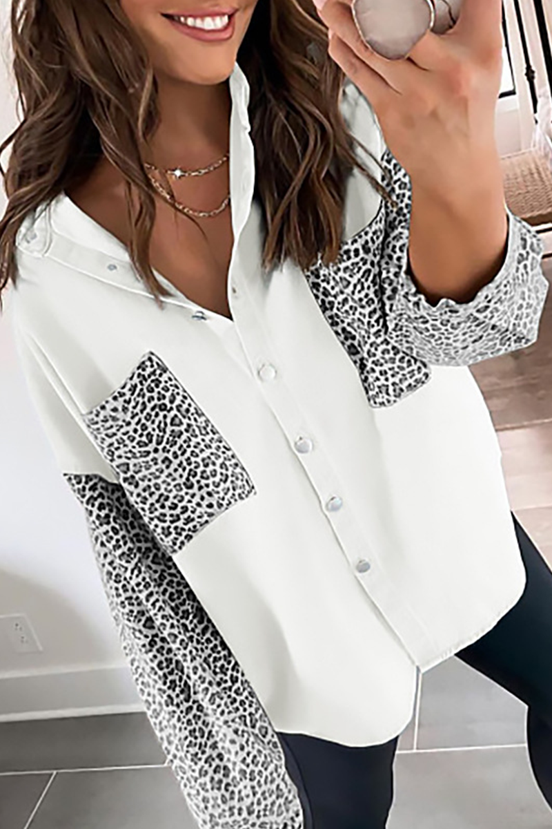 Casual Leopard Split Joint Buckle Turndown Collar Tops