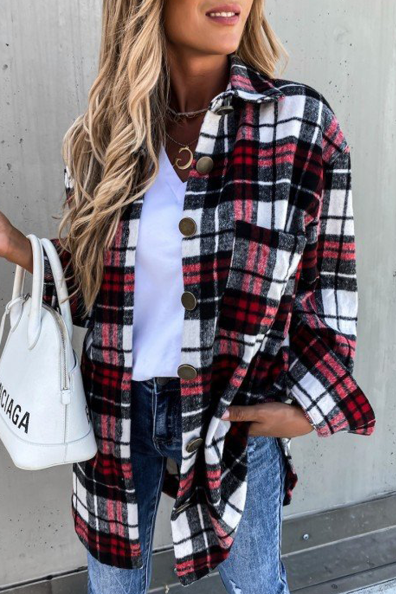 Casual Vintage Plaid Patchwork Buckle Turndown Collar Outerwear(8 colors)