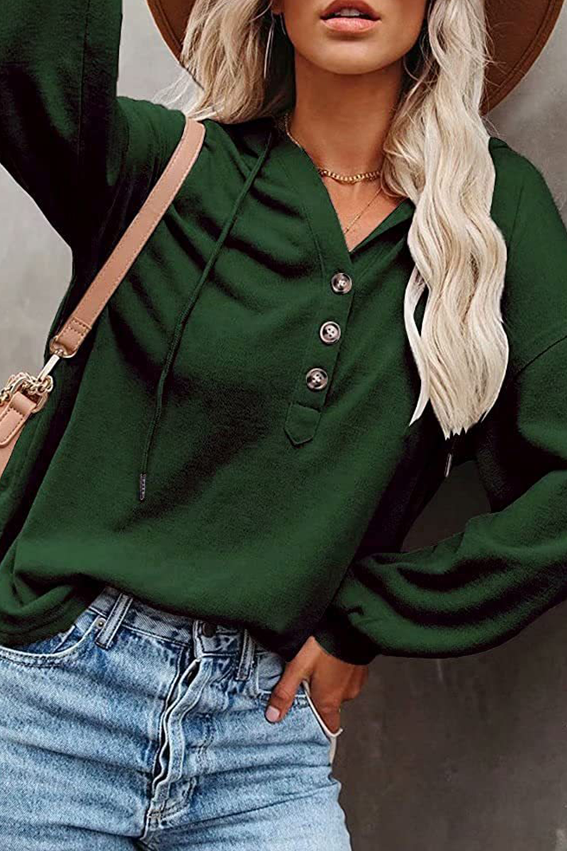 Casual Solid Draw String Buckle Hooded Collar Tops