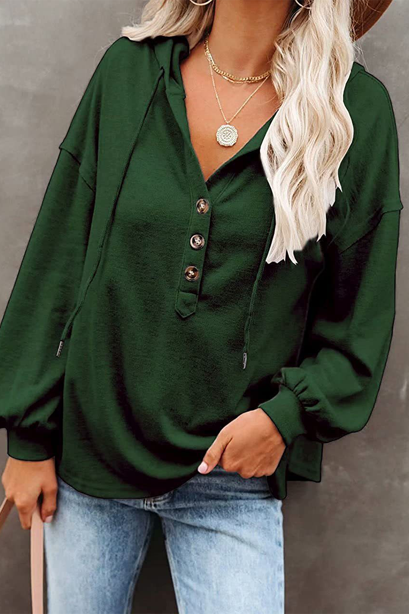 Casual Solid Draw String Buckle Hooded Collar Tops