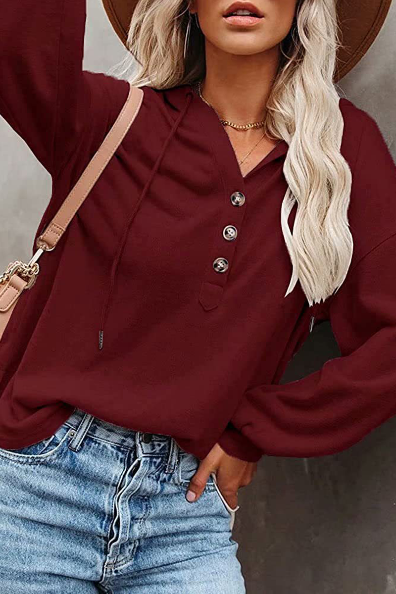 Casual Solid Draw String Buckle Hooded Collar Tops