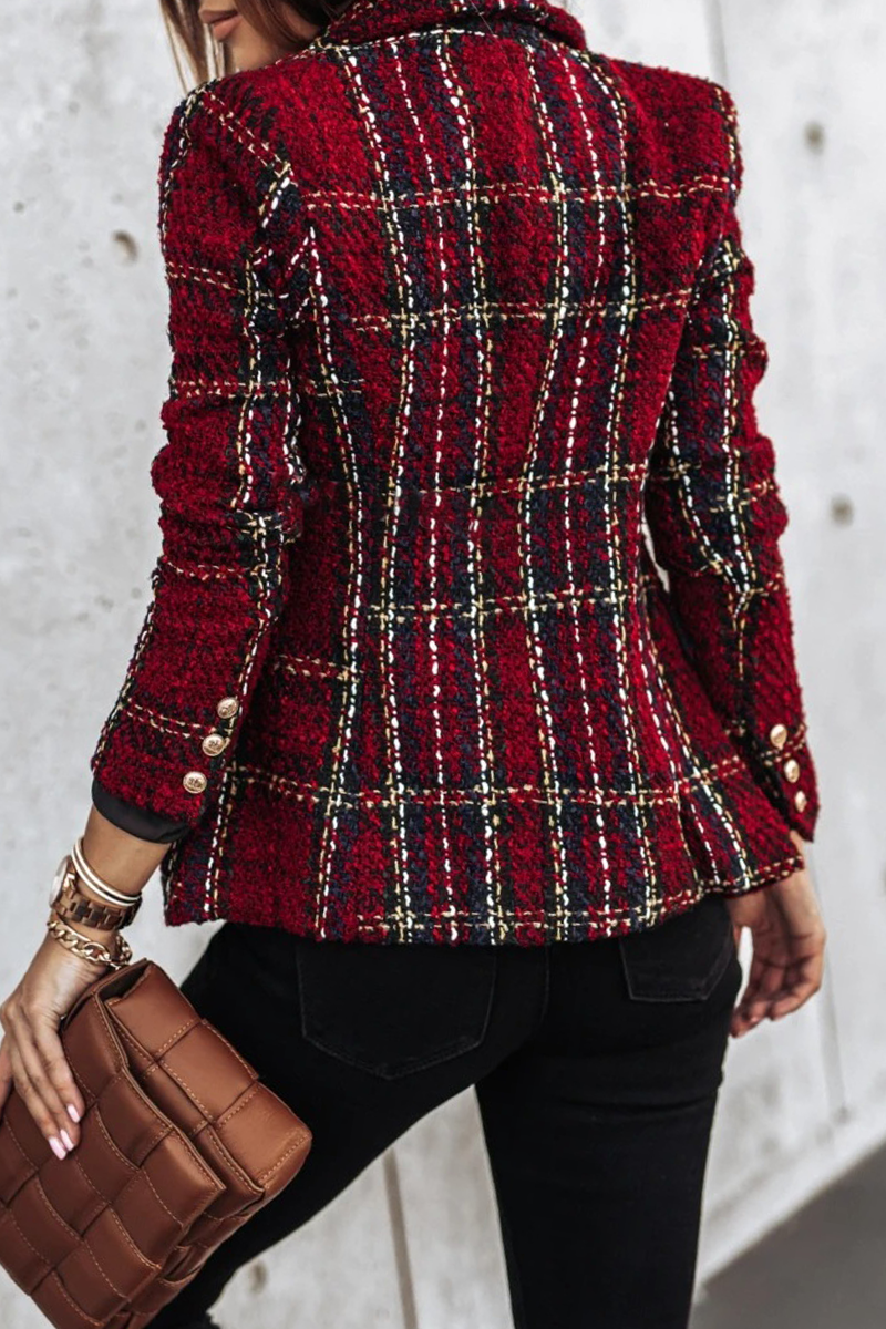 Elegant Plaid Striped Patchwork Buckle Turndown Collar Outerwear