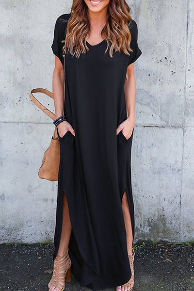 Casual Solid Pocket Slit V Neck A Line Dresses(8 Colors)