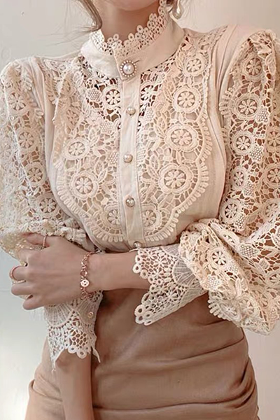 Elegant Patchwork Lace Hollowed Out Buckle Mandarin Collar Blouses(3 Colors)