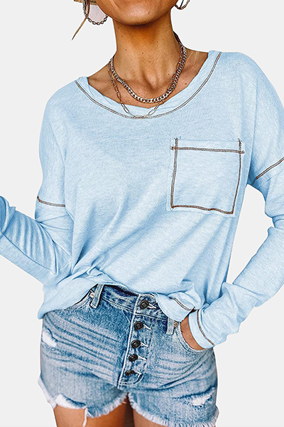 Casual Patchwork Pocket O Neck Tops(7 colors)