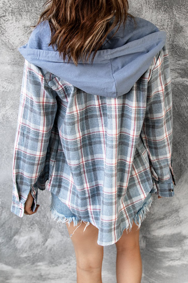 Street Plaid Frenulum Buckle Hooded Collar Blouses(4 Colors)