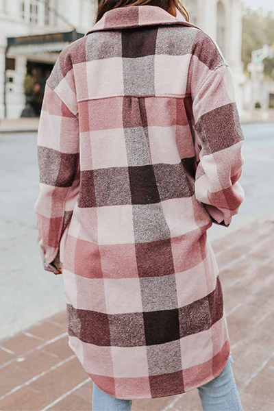 Casual Plaid Pocket Buckle Turndown Collar Outerwear