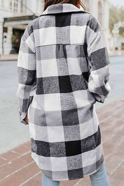 Casual Plaid Pocket Buckle Turndown Collar Outerwear