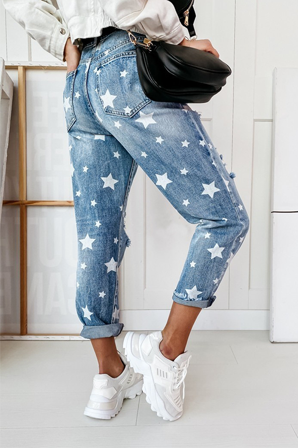 Casual The stars Tassel Ripped Make Old Full Print Bottoms