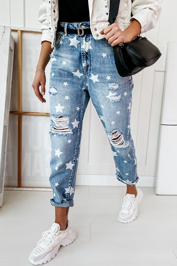 Casual The stars Tassel Ripped Make Old Full Print Bottoms