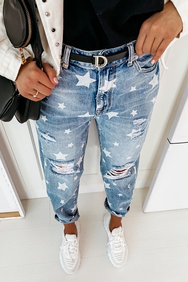 Casual The stars Tassel Ripped Make Old Full Print Bottoms