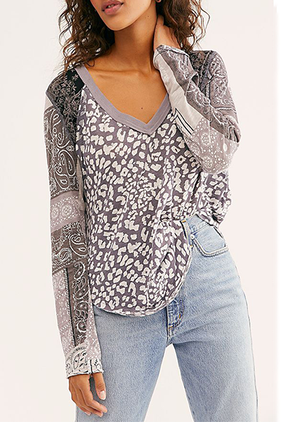 Casual Leopard Split Joint V Neck Tops