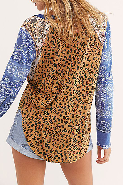 Casual Leopard Split Joint V Neck Tops