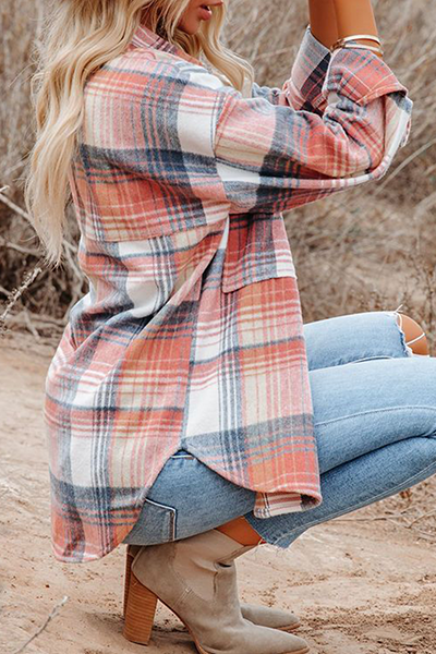 Casual Plaid Buckle Turndown Collar Outerwear