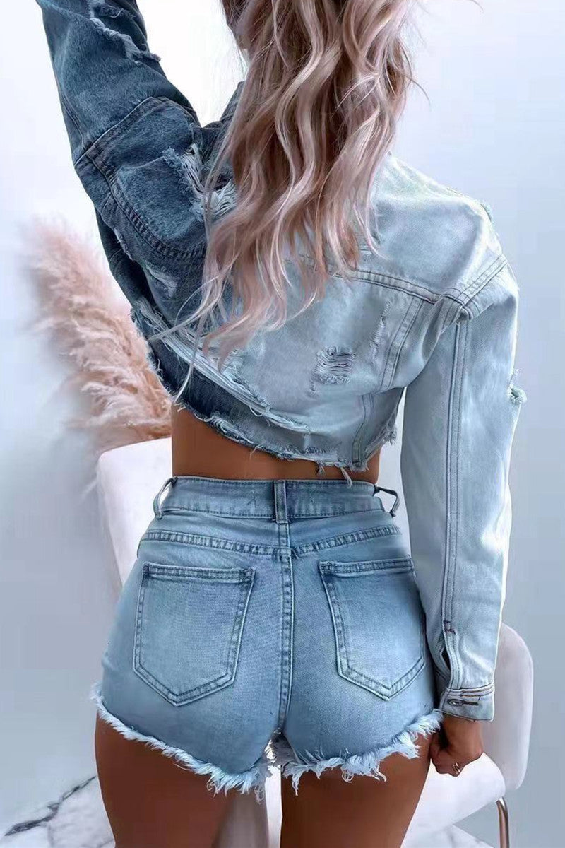 Fashion Casual Patchwork Ripped Turndown Collar Long Sleeve Regular Denim Jacket