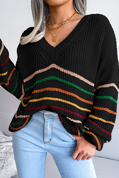 Casual Striped Split Joint V Neck Tops Sweater