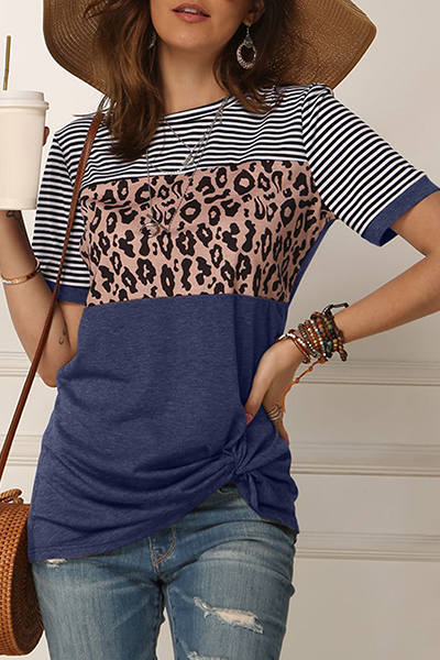 Casual Striped Leopard Split Joint Fold O Neck T-Shirts