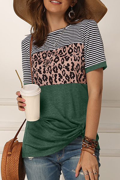 Casual Striped Leopard Split Joint Fold O Neck T-Shirts