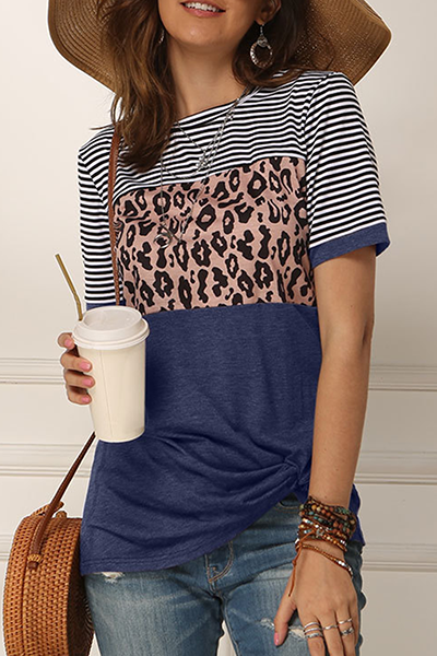 Casual Striped Leopard Split Joint Fold O Neck T-Shirts