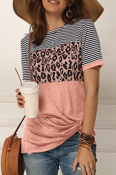 Casual Striped Leopard Split Joint Fold O Neck T-Shirts