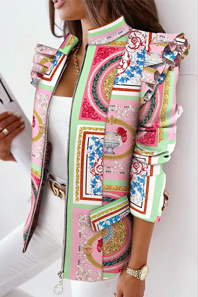 Print Patchwork Flounce Zipper Mandarin Collar Outerwear