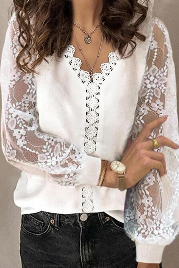 Elegant Patchwork Lace Hollowed Out Mesh V Neck Tops