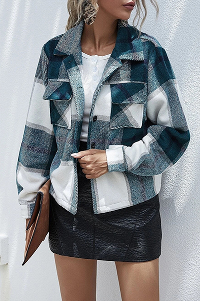 Casual Plaid Split Joint Buckle Turndown Collar Outerwear