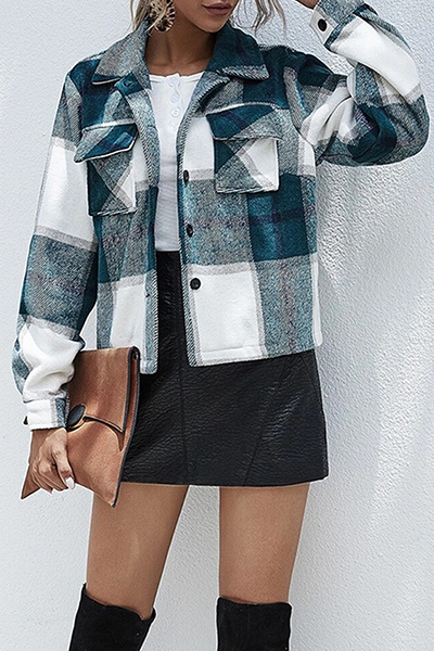 Casual Plaid Split Joint Buckle Turndown Collar Outerwear